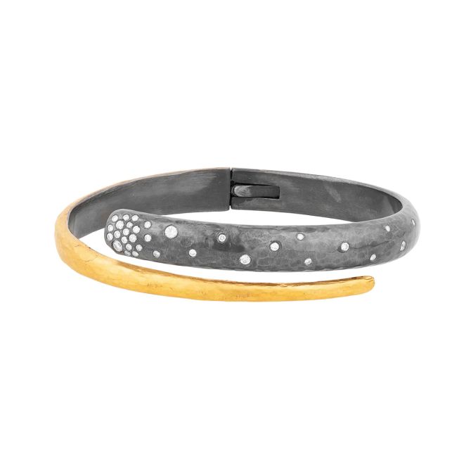 Lika Behar Midnight Warp Diamond Bypass Bangle Bracelet in Oxidized Sterling Silver & Yellow Tone