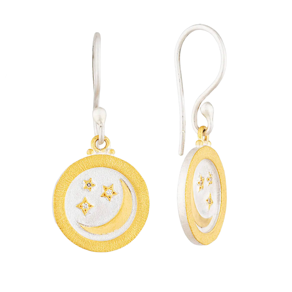 Lika Behar Diamond Moon & Stars Medallion Dangle Earrings in Yellow Gold & Sterling Silver