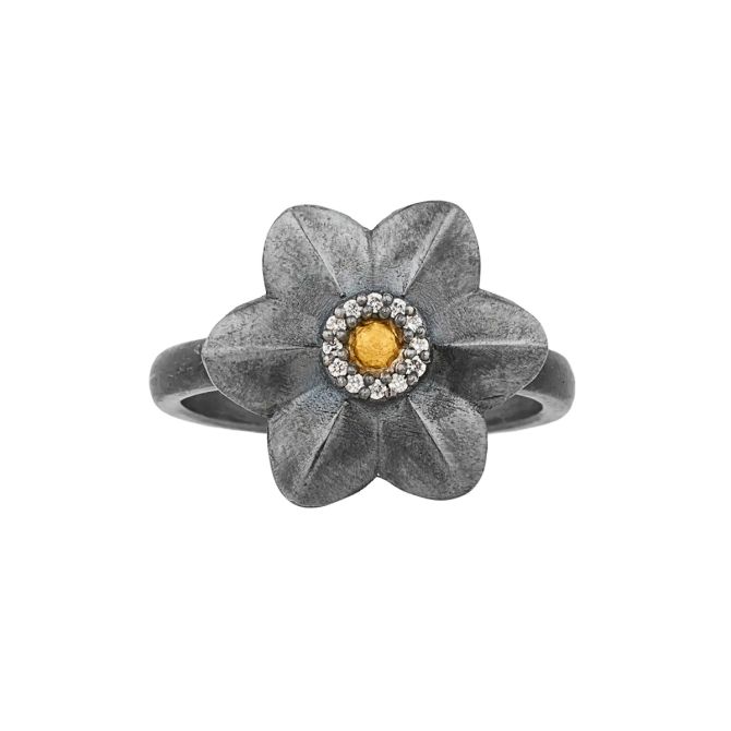 Lika Behar Diamond Lotus Flower Ring in Oxidized Sterling Silver & Yellow Gold