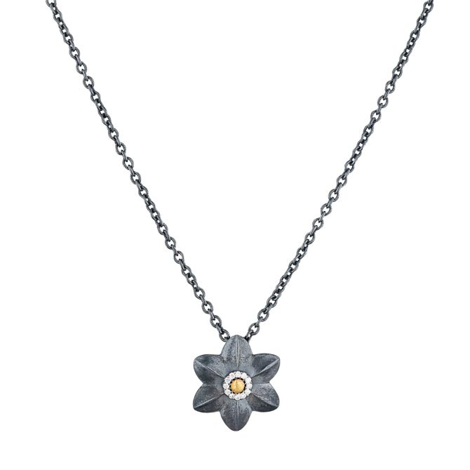 Lika Behar Diamond Lotus Flower Pendant in Oxidized Sterling Silver & Yellow Gold, 18"