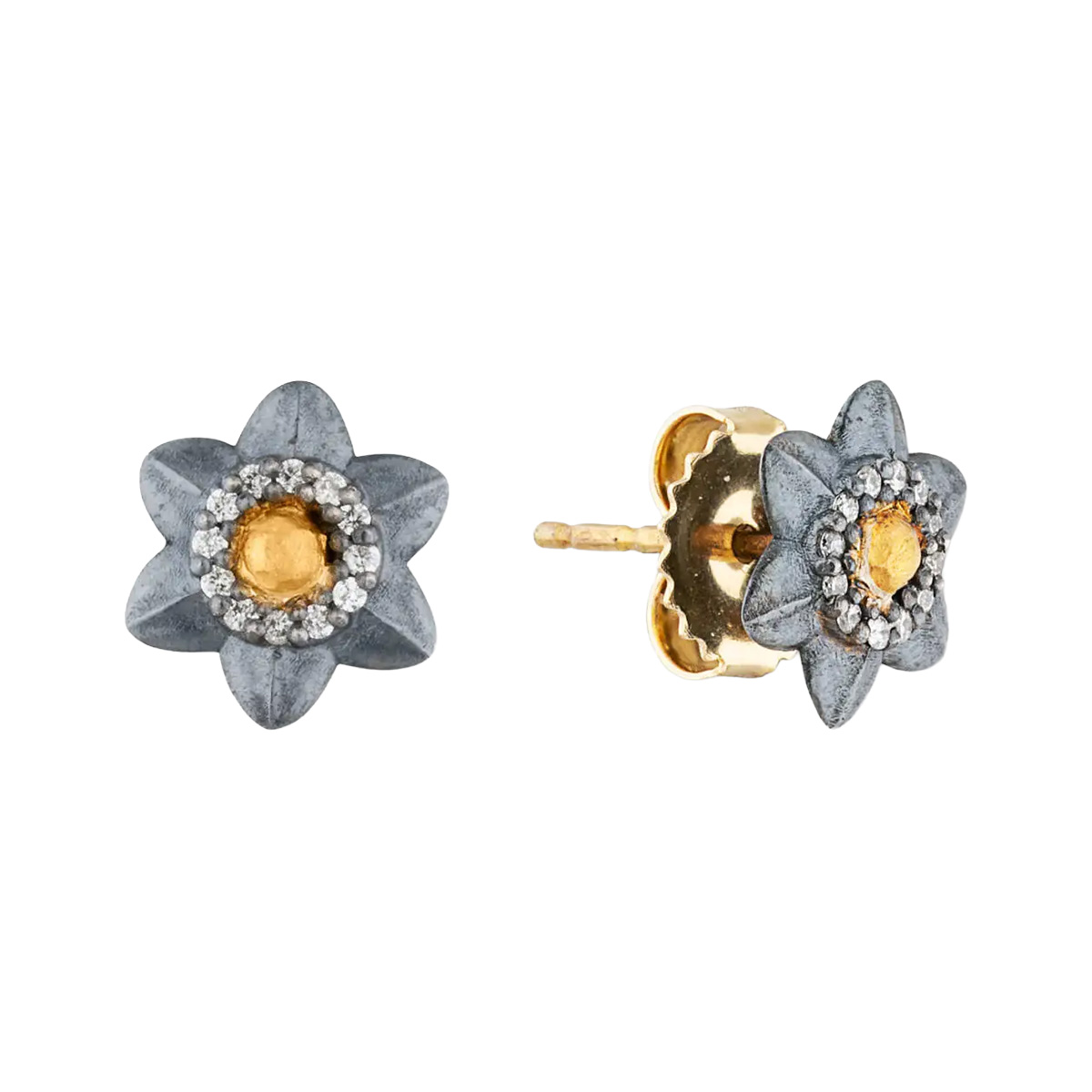 Lika Behar Diamond Lotus Flower Stud Earrings in Oxidized Sterling Silver & Yellow Gold