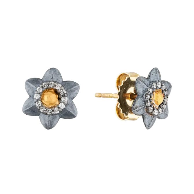 Lika Behar Diamond Lotus Flower Stud Earrings in Oxidized Sterling Silver & Yellow Gold
