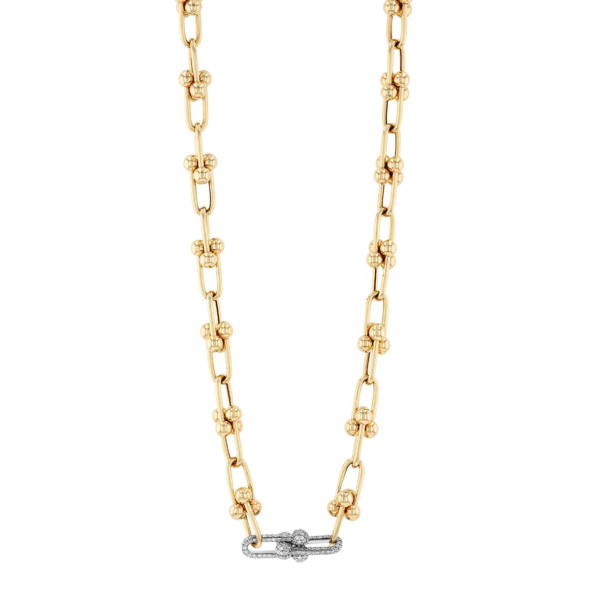 Yellow Gold Paperclip & Beaded Link Chain Necklace with Diamond Pavé Link Duo