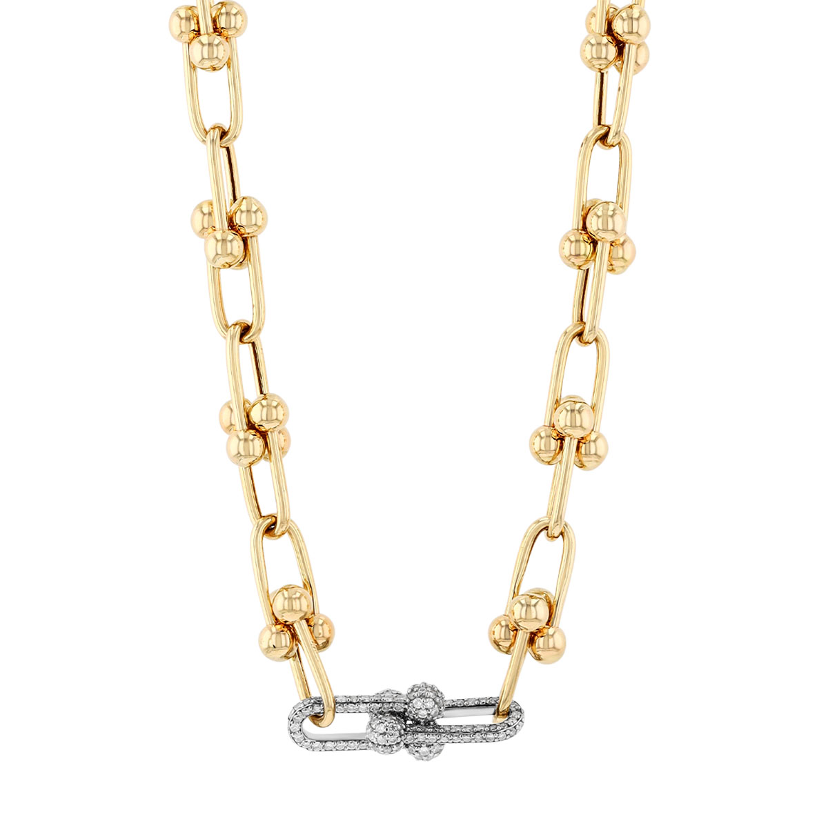 Yellow Gold Paperclip & Beaded Link Chain Necklace with Diamond Pavé Link Duo