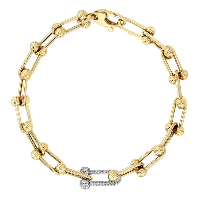 Yellow Gold Paperclip & Beaded Link Bracelet with Single Diamond Pavé Link