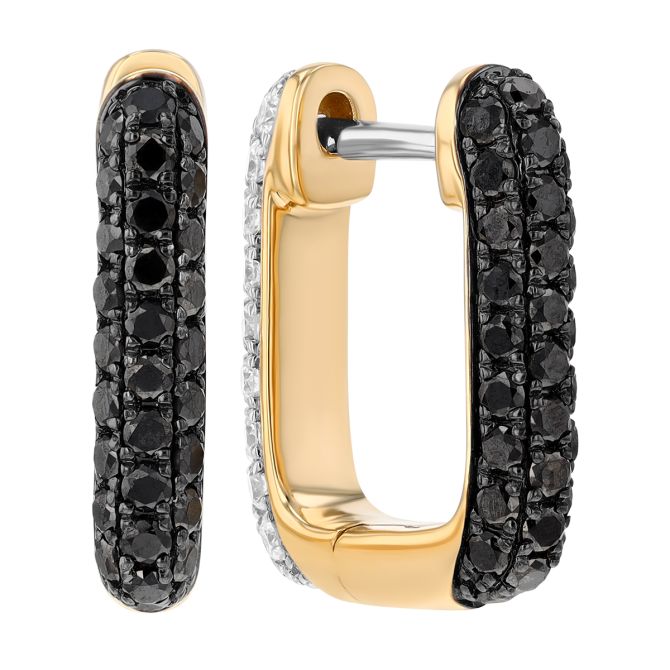 Black & White Diamond Pavé Rectangle Huggie Hoop Earrings in Yellow Gold