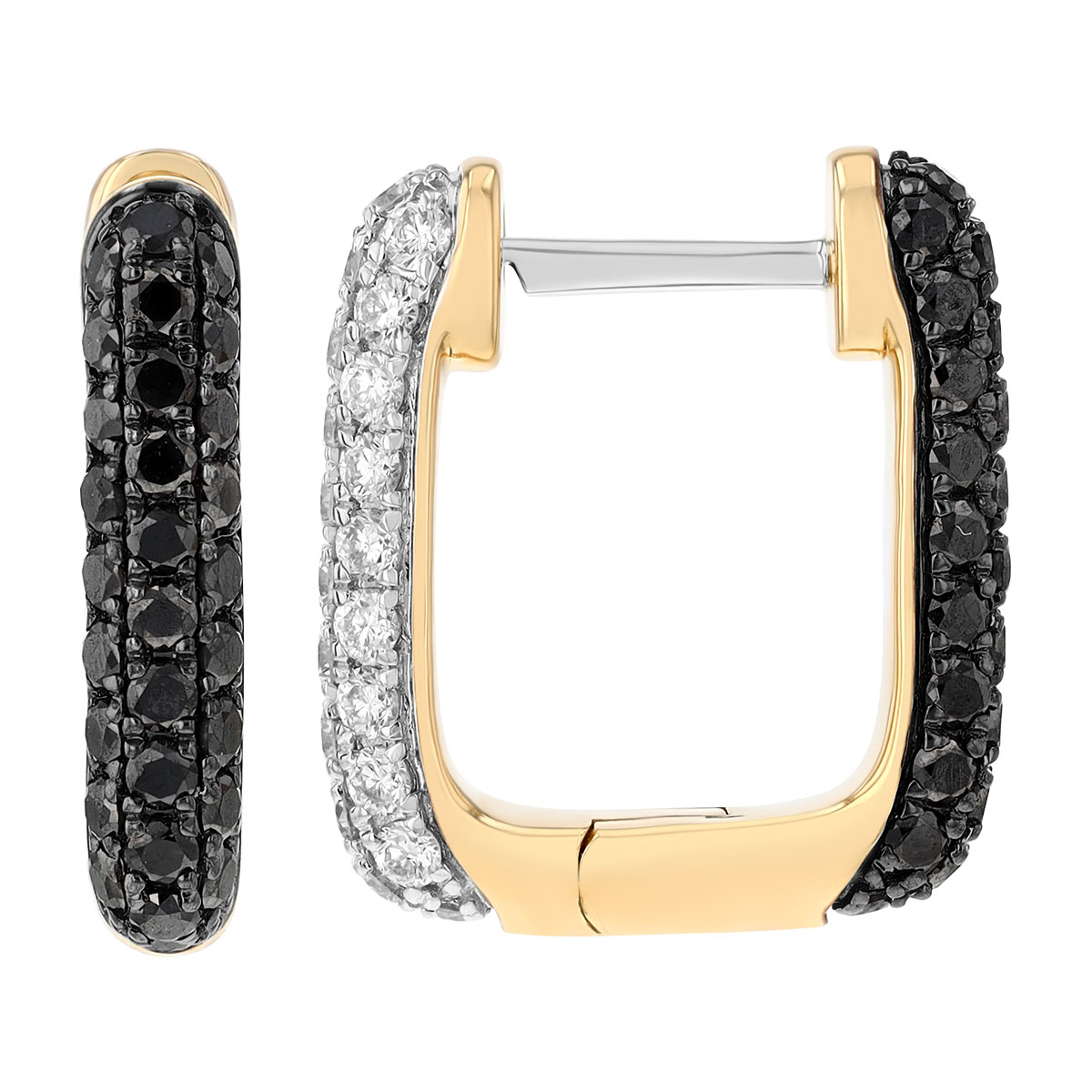 Black & White Diamond Pavé Rectangle Huggie Hoop Earrings in Yellow Gold