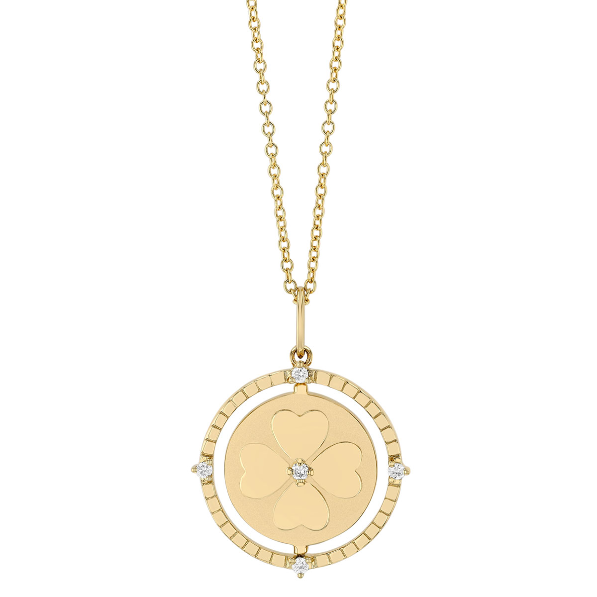 Diamond Clover & Heart Reversible Disc Pendant in Yellow Gold, 18