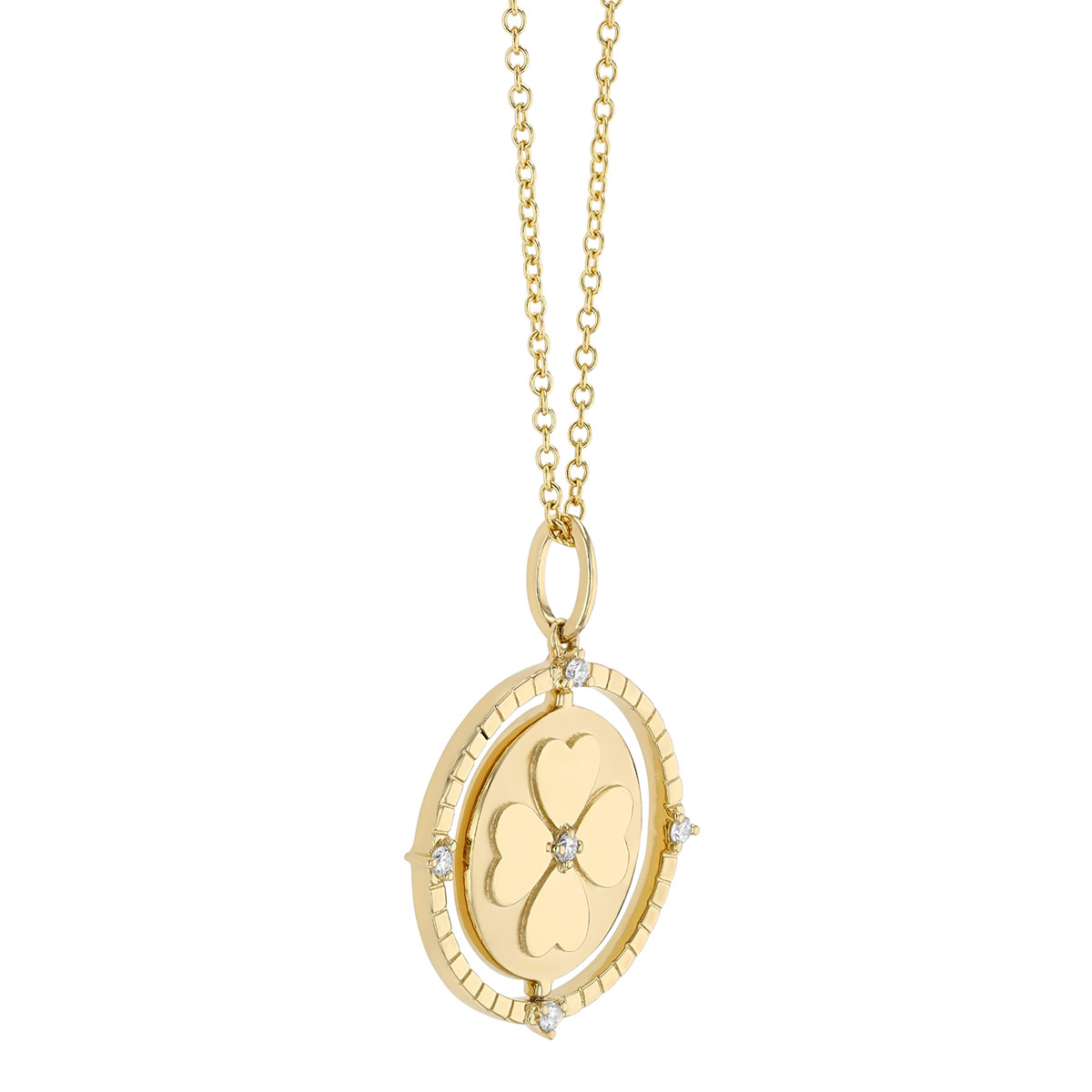 Diamond Clover & Heart Reversible Disc Pendant in Yellow Gold, 18