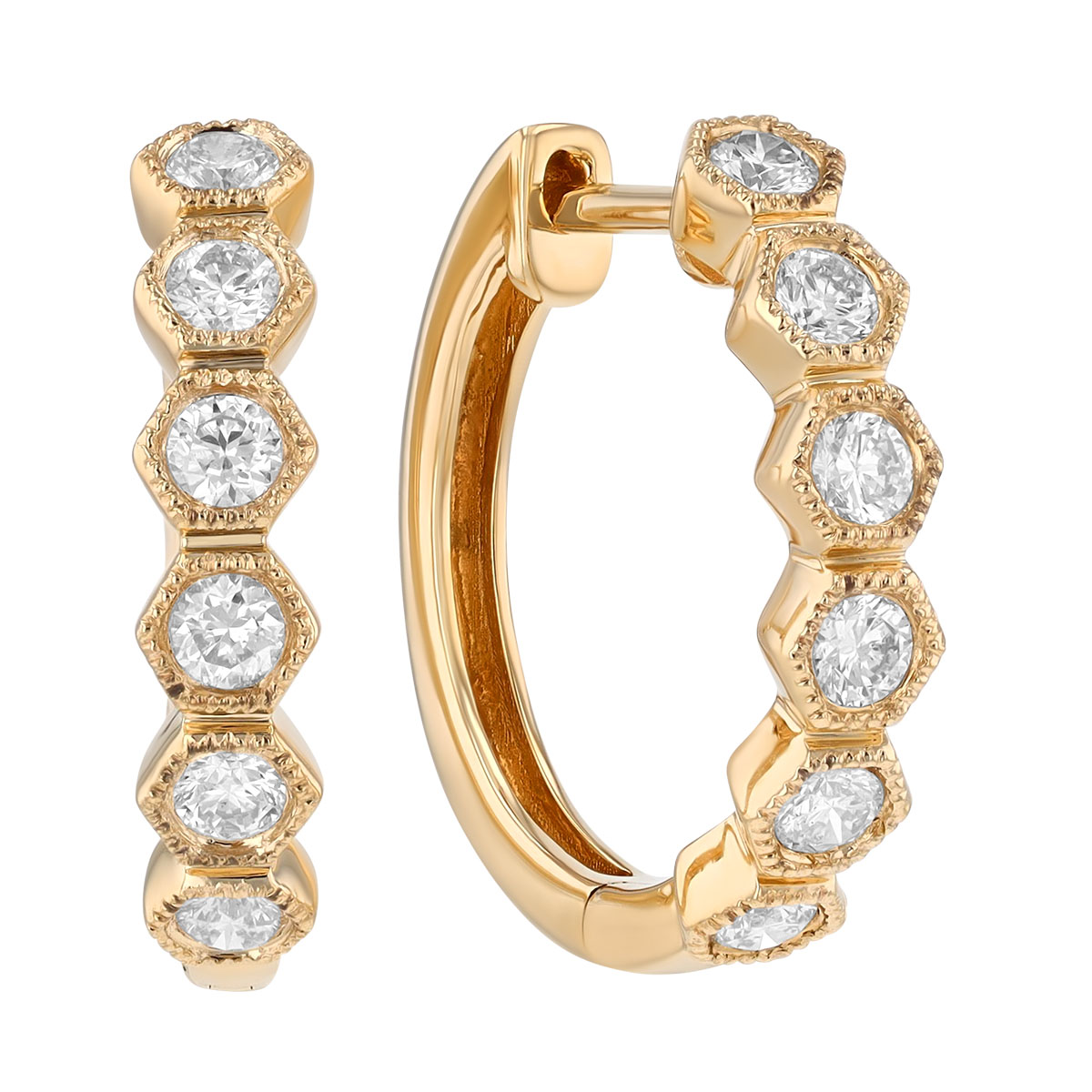 Diamond Honeycomb Huggie Hoop Earrings in Yellow Gold