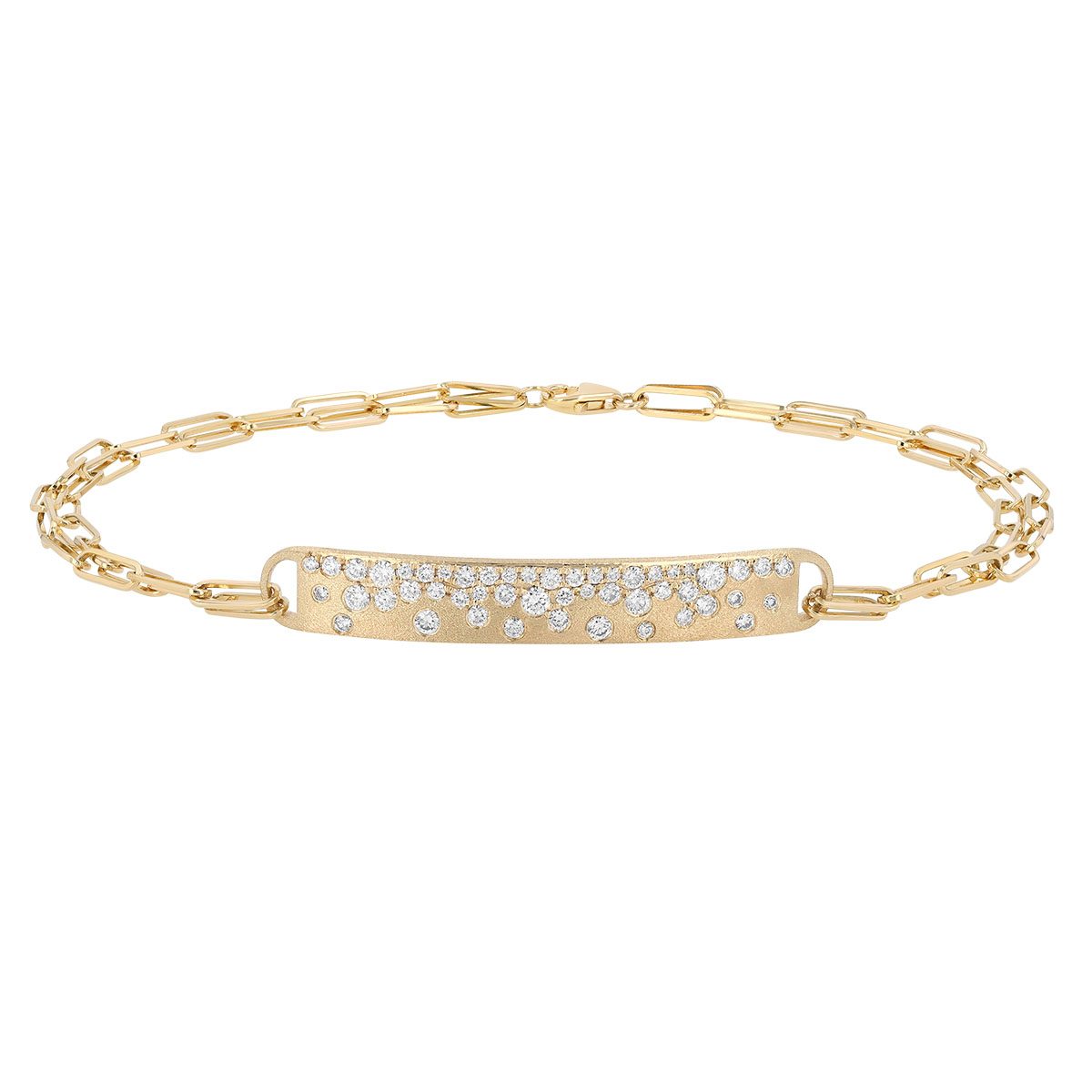 Diamond Confetti Bar & Double Paperclip Link Chain Bracelet in Yellow Gold, 7
