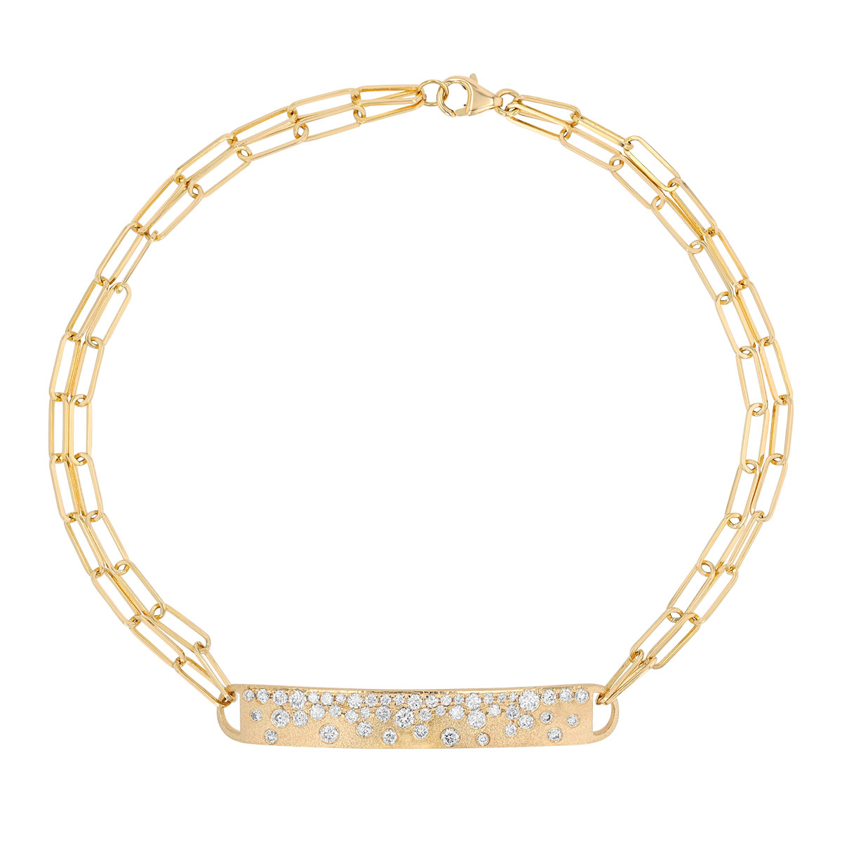 Diamond Confetti Bar & Double Paperclip Link Chain Bracelet in Yellow Gold, 7