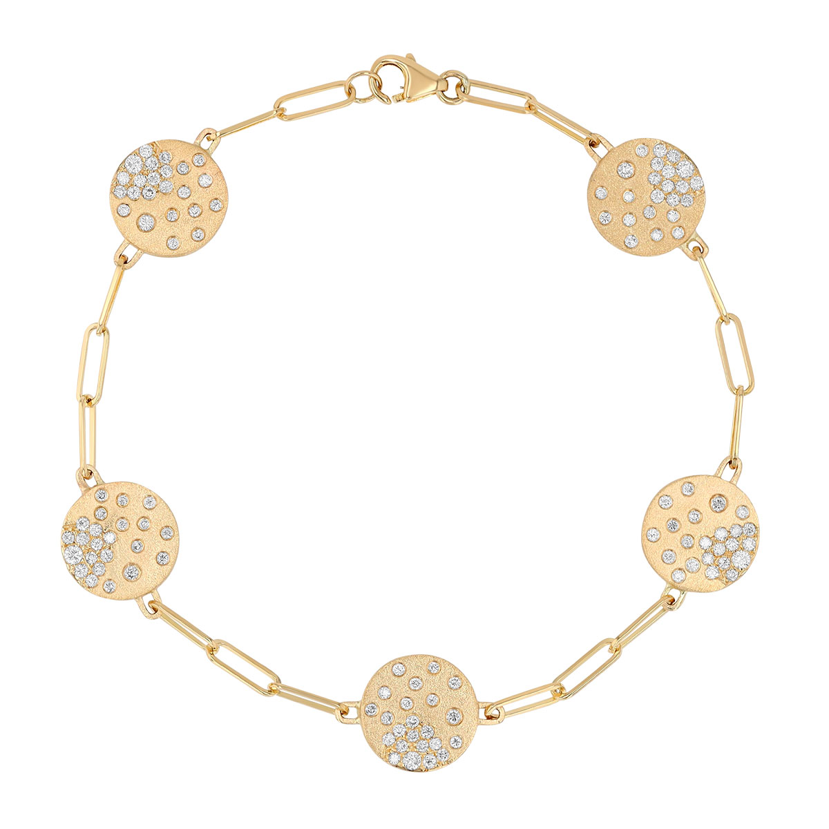 Diamond Confetti Disc Station Paperclip Link Chain Bracelet in Yellow Gold, 7