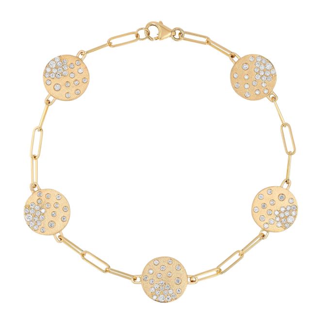 Diamond Confetti Disc Station Paperclip Link Chain Bracelet in Yellow Gold, 7"