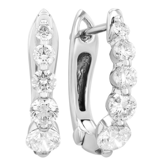 Graduated Diamond Huggie Hoop Earrings in White Gold, 1.14 cttw