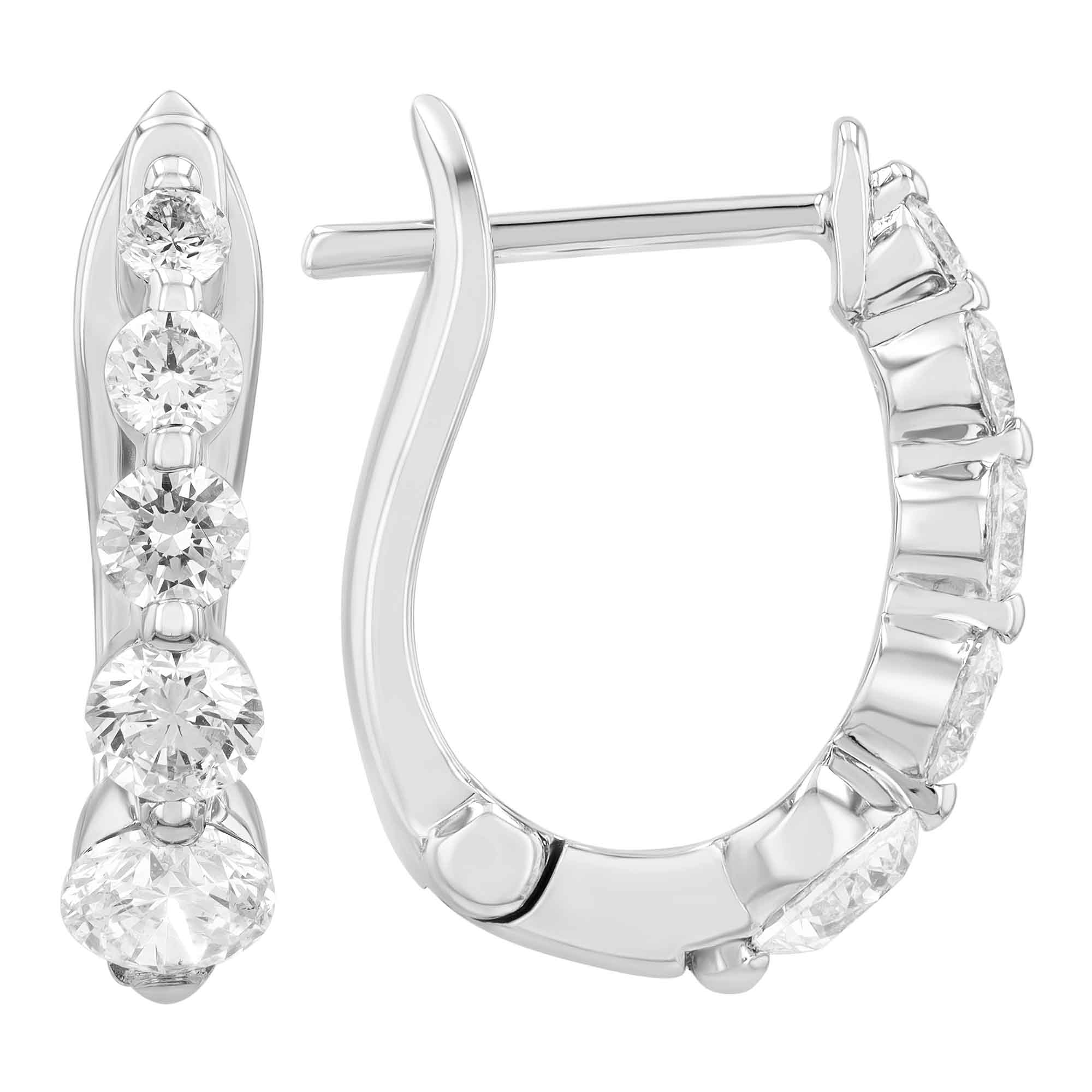 Graduated Diamond Huggie Hoop Earrings in White Gold, 1.14 cttw