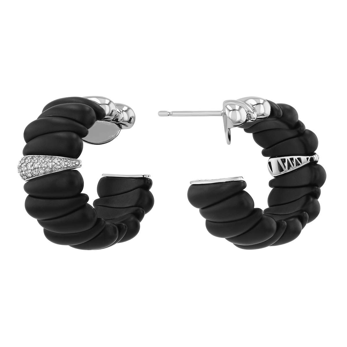 Demeglio Extensible Artiglio Matte Black Ceramic & Diamond White Gold Huggie Hoop Earrings