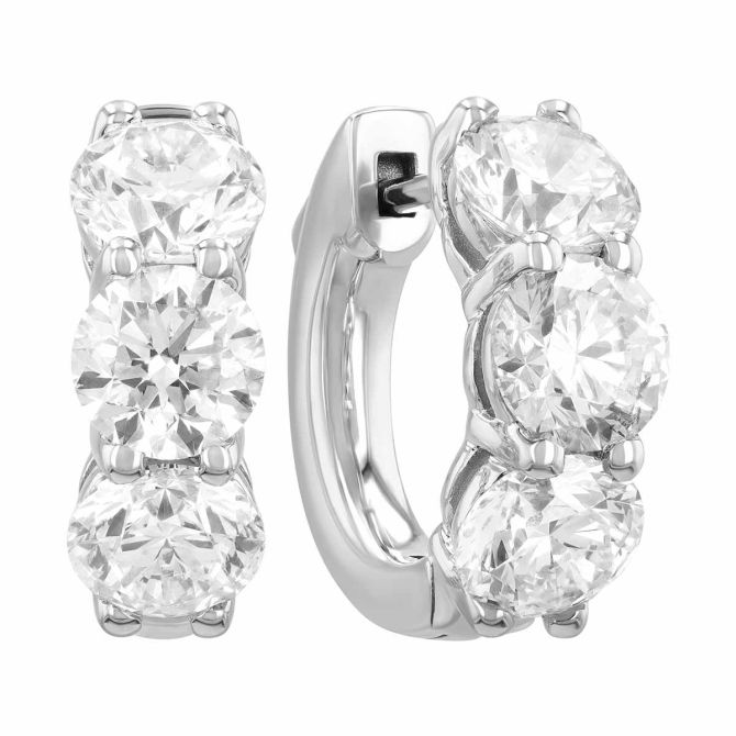 Round Diamond Trio Huggie Hoop Earrings in White Gold, 3.03 cttw