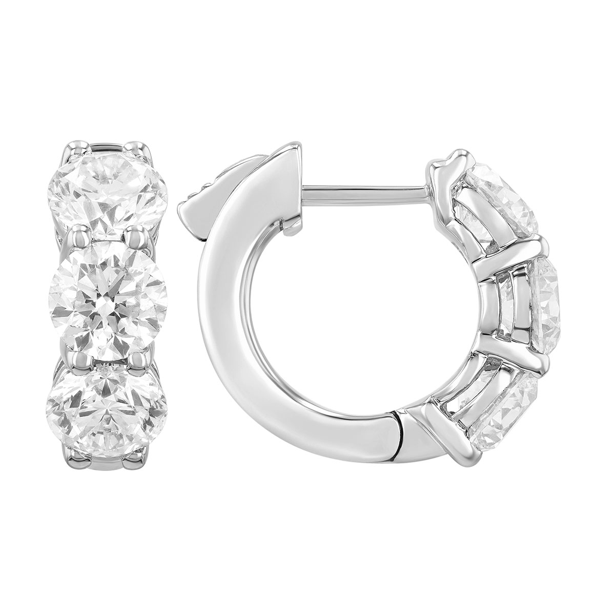 Round Diamond Trio Huggie Hoop Earrings in White Gold, 3.03 cttw