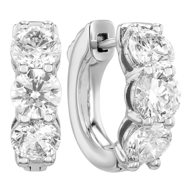 Round Diamond Trio Huggie Hoop Earrings in White Gold, 1.95 cttw