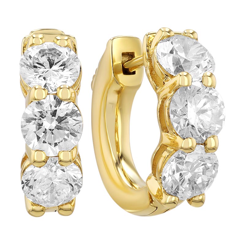 Round Diamond Trio Huggie Hoop Earrings in Yellow Gold, 2.04 cttw
