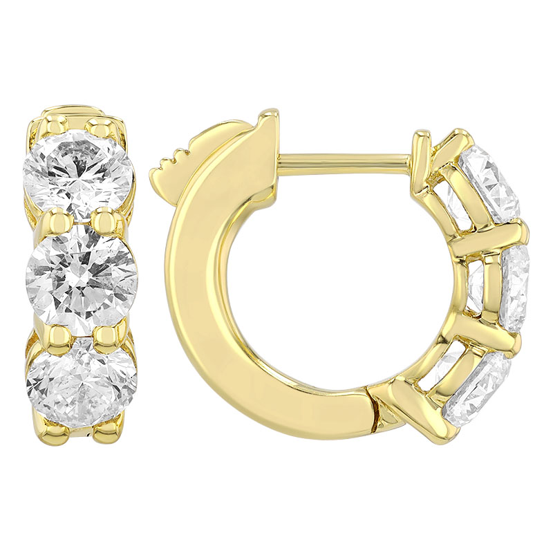 Round Diamond Trio Huggie Hoop Earrings in Yellow Gold, 2.04 cttw