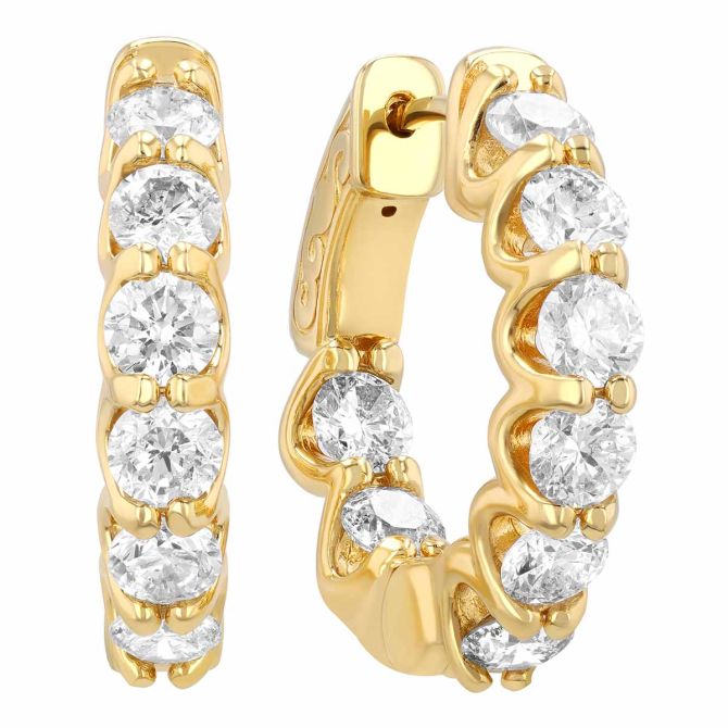 Diamond In & Out Huggie Hoop Earrings in Yellow Gold, 2.42 cttw