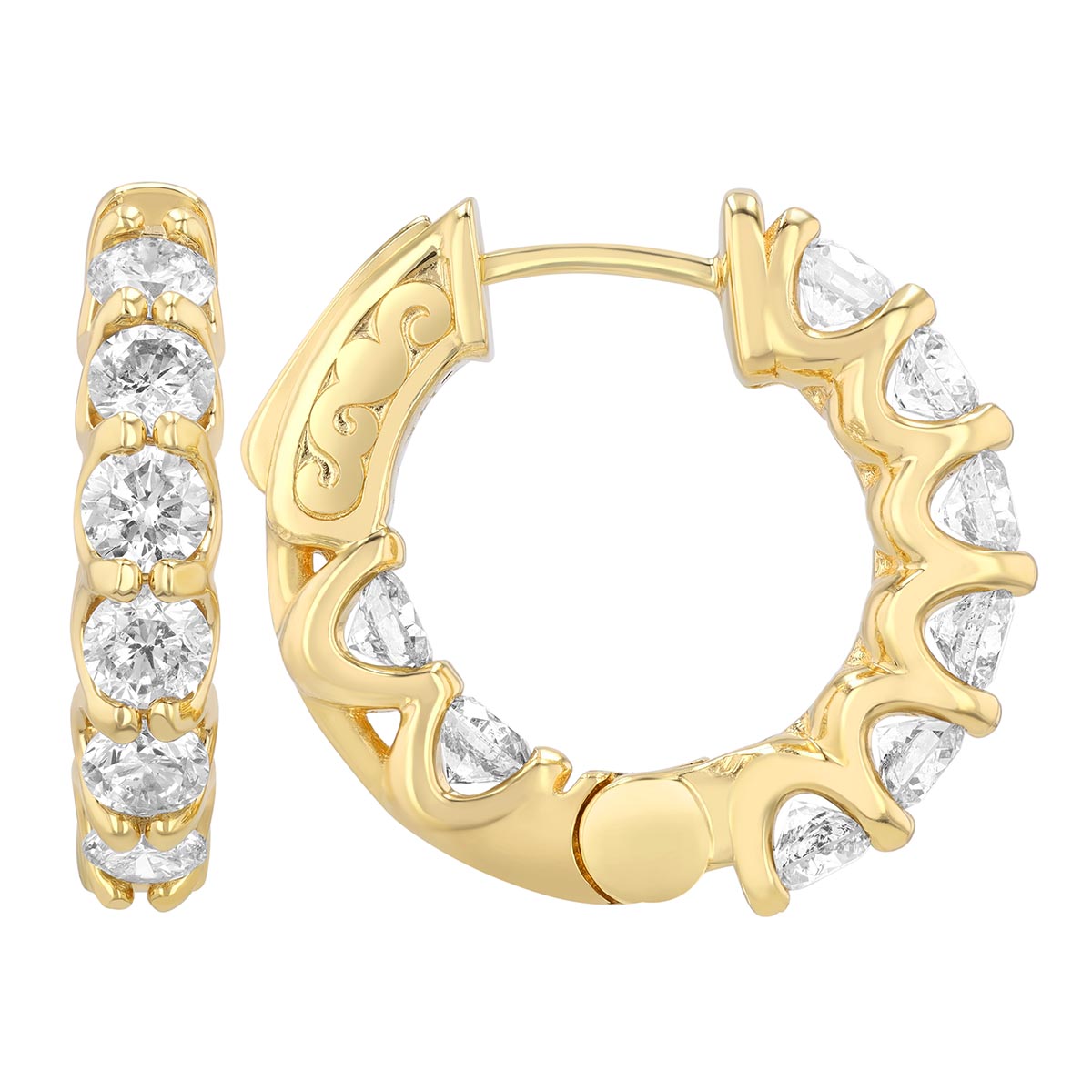 Diamond In & Out Huggie Hoop Earrings in Yellow Gold, 2.42 cttw