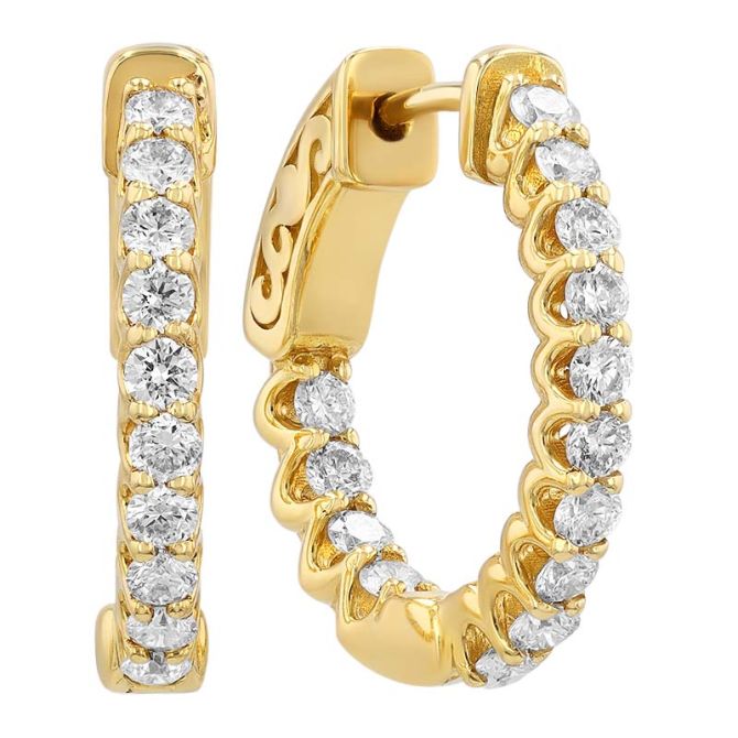 Diamond In & Out Huggie Hoop Earrings in Yellow Gold, 0.85 cttw