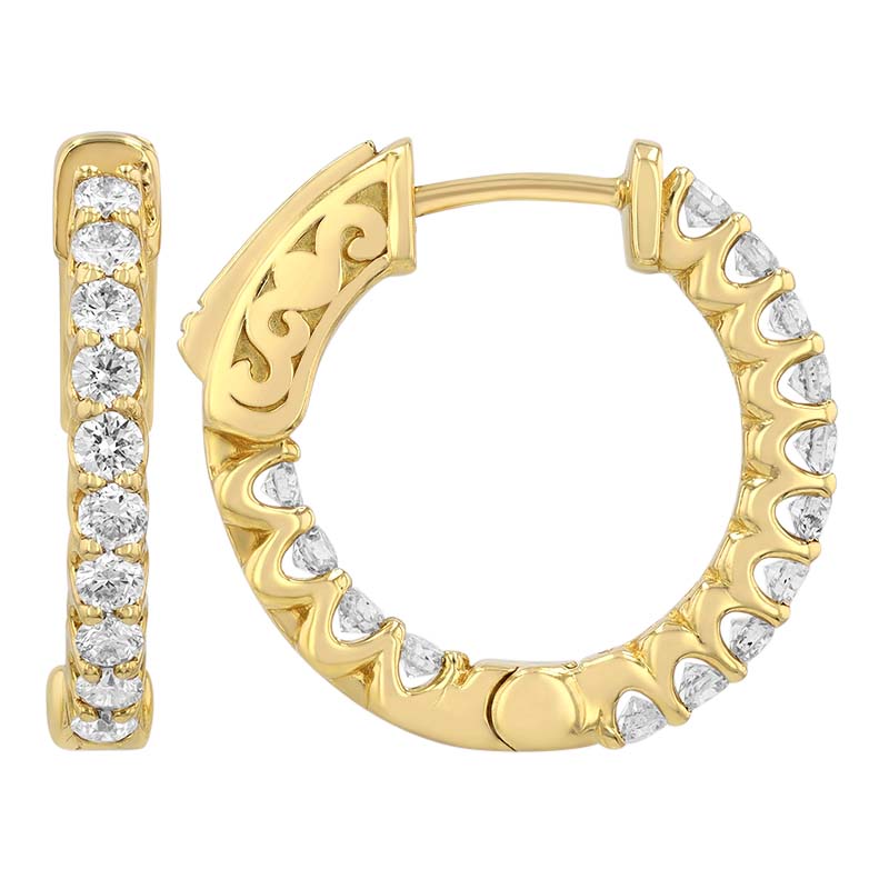 Diamond In & Out Huggie Hoop Earrings in Yellow Gold, 0.85 cttw