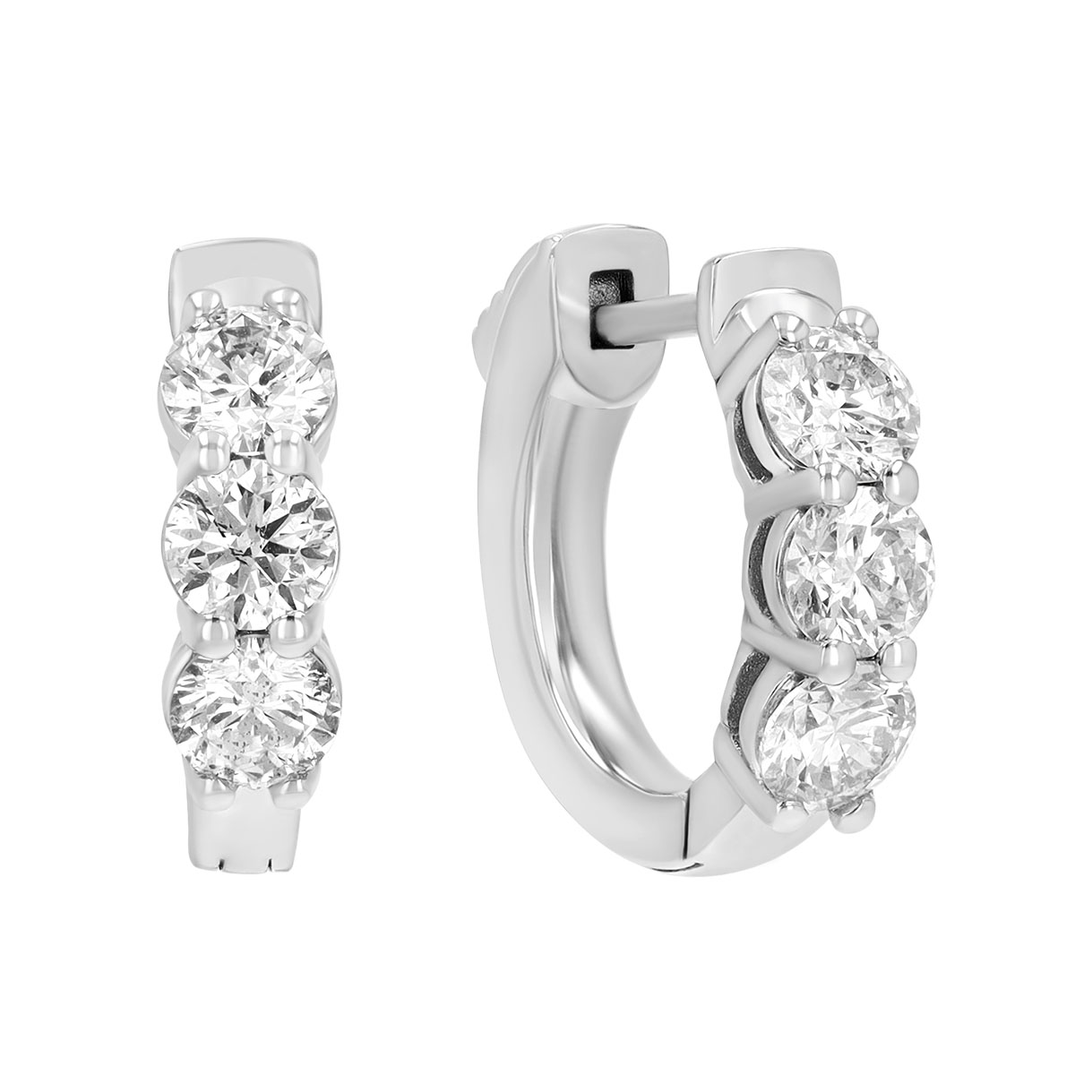 Round Diamond Trio Huggie Hoop Earrings in White Gold, 1.03 cttw