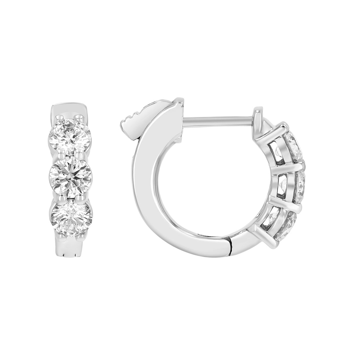 Round Diamond Trio Huggie Hoop Earrings in White Gold, 1.03 cttw