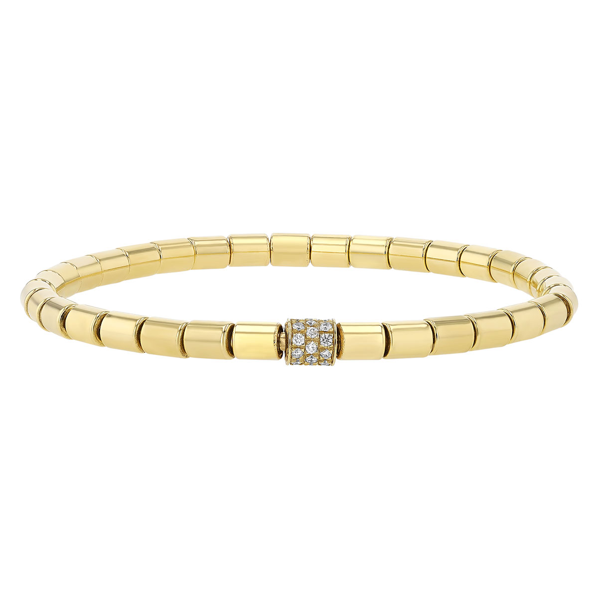 Frederic Sage Tamburo Yellow Gold Tube Bead Stretch Bracelet with Diamond Pavé Station, 7
