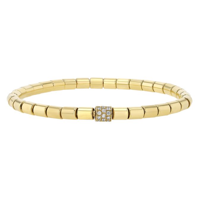 Frederic Sage Tamburo Yellow Gold Tube Bead Stretch Bracelet with Diamond Pavé Station, 7"