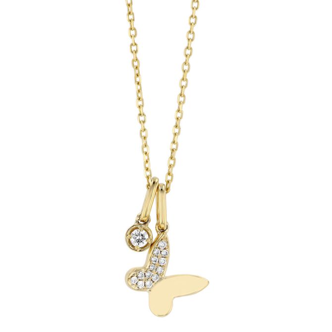 Frederic Sage Diamond Pavé Butterfly & Single Diamond Drop Pendant in Yellow Gold, 18"