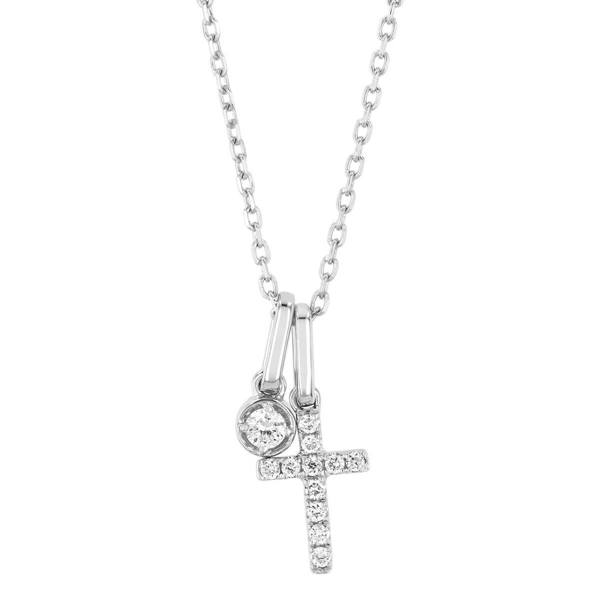 Frederic Sage Diamond Cross & Solitaire Duo Pendant in White Gold, 18