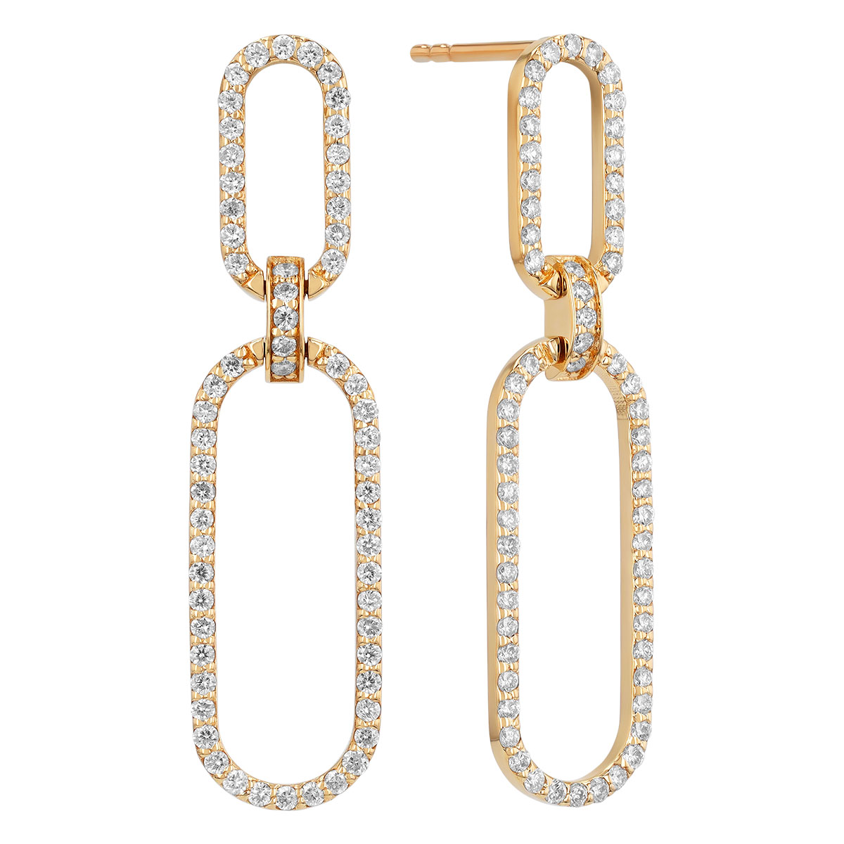 Diamond Open Paperclip Link Duo Dangle Earrings in Yellow Gold