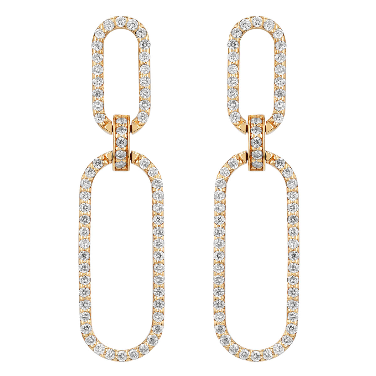 Diamond Open Paperclip Link Duo Dangle Earrings in Yellow Gold