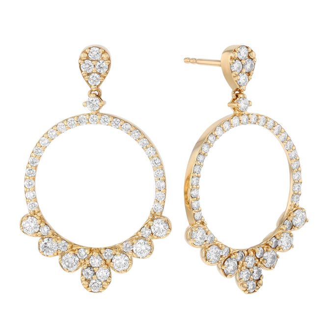 Diamond Cluster & Circle Dangle Earrings in Yellow Gold