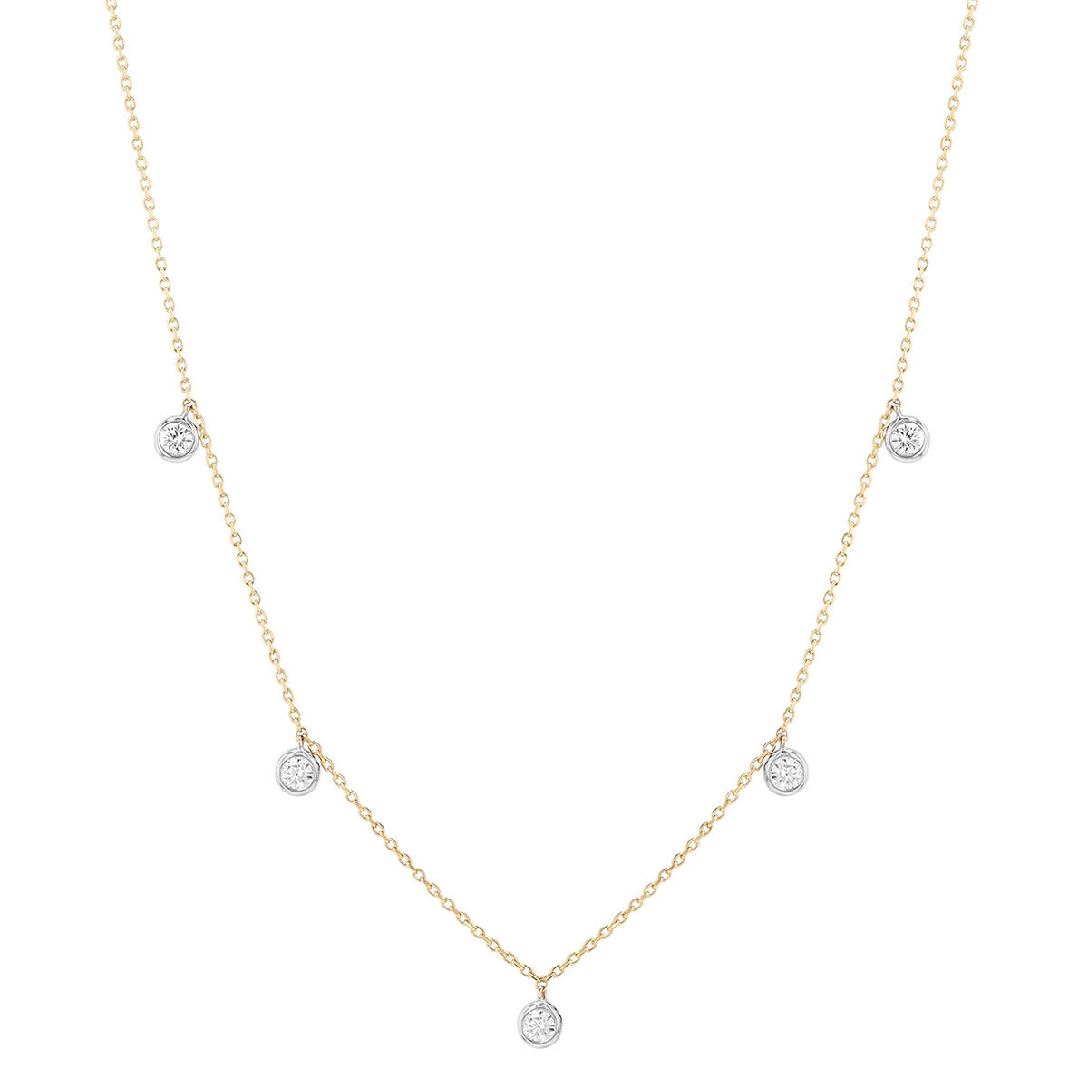 Round Diamond 5 Drop Station Necklace in Two Tone, 18