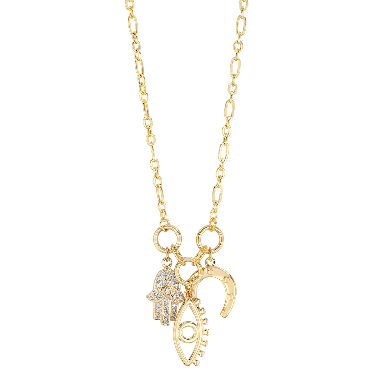 Yellow Gold Hamsa, Evil Eye, & Horseshoe Charm Necklace with Diamonds