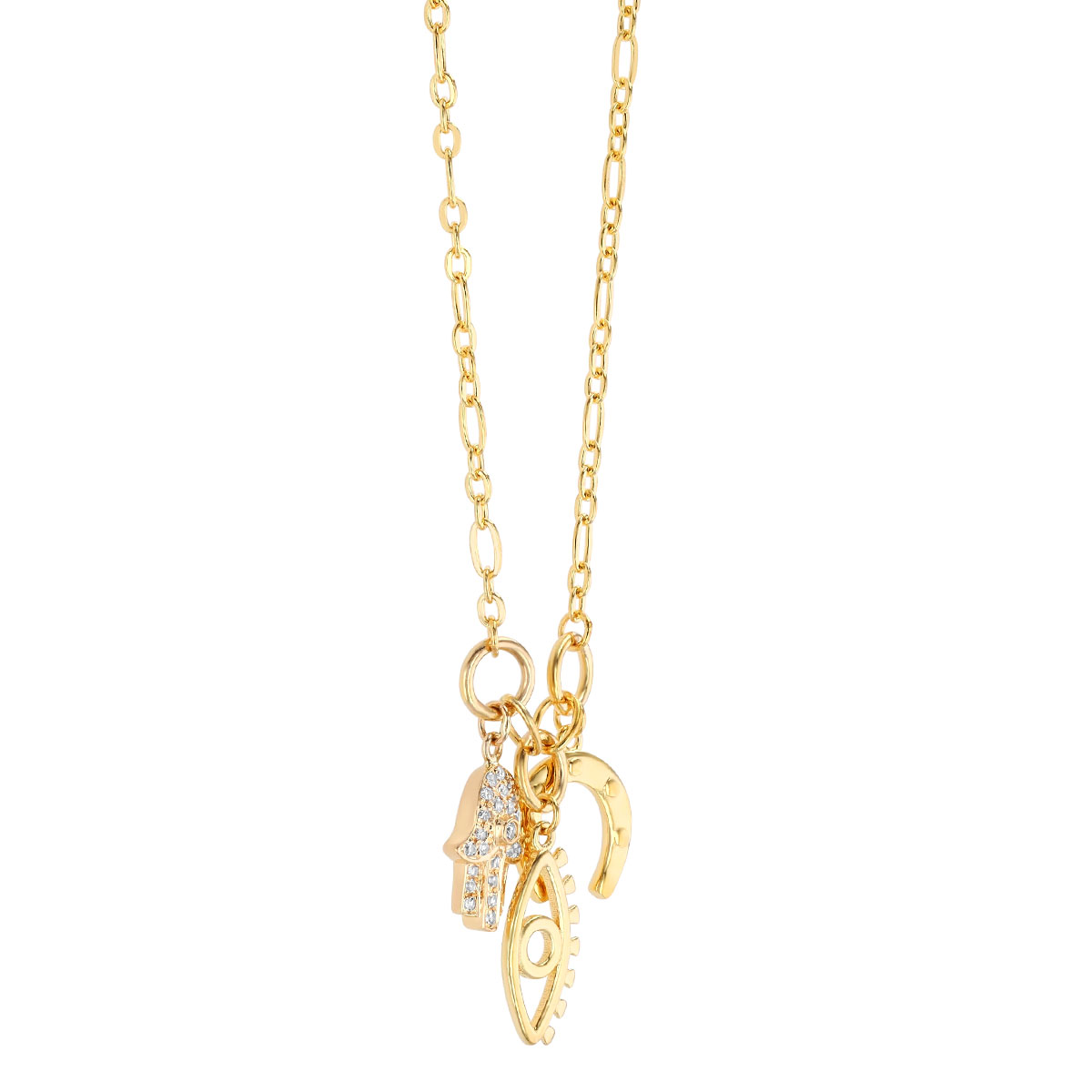 Yellow Gold Hamsa, Evil Eye, & Horseshoe Charm Necklace with Diamonds