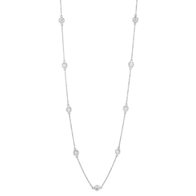 Bezel Set Round Diamond 24 Station Necklace in White Gold, 36", 3.60 aptw