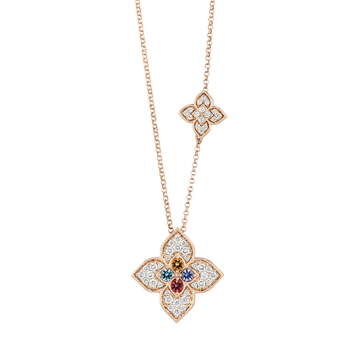 Roberto Coin Venetian Princess Carnival Multi Gemstone & Diamond Double Flower Necklace in Rose Gold