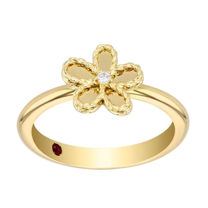 Roberto Coin Jasmine Dainty Yellow Gold Flower Ring with Diamond Accent