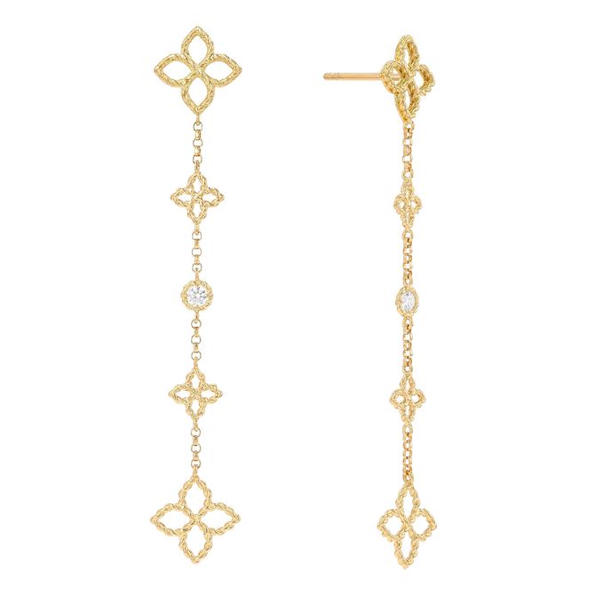 Roberto Coin Principessa Diamond Station Flower Dangle Earrings in Yellow Gold
