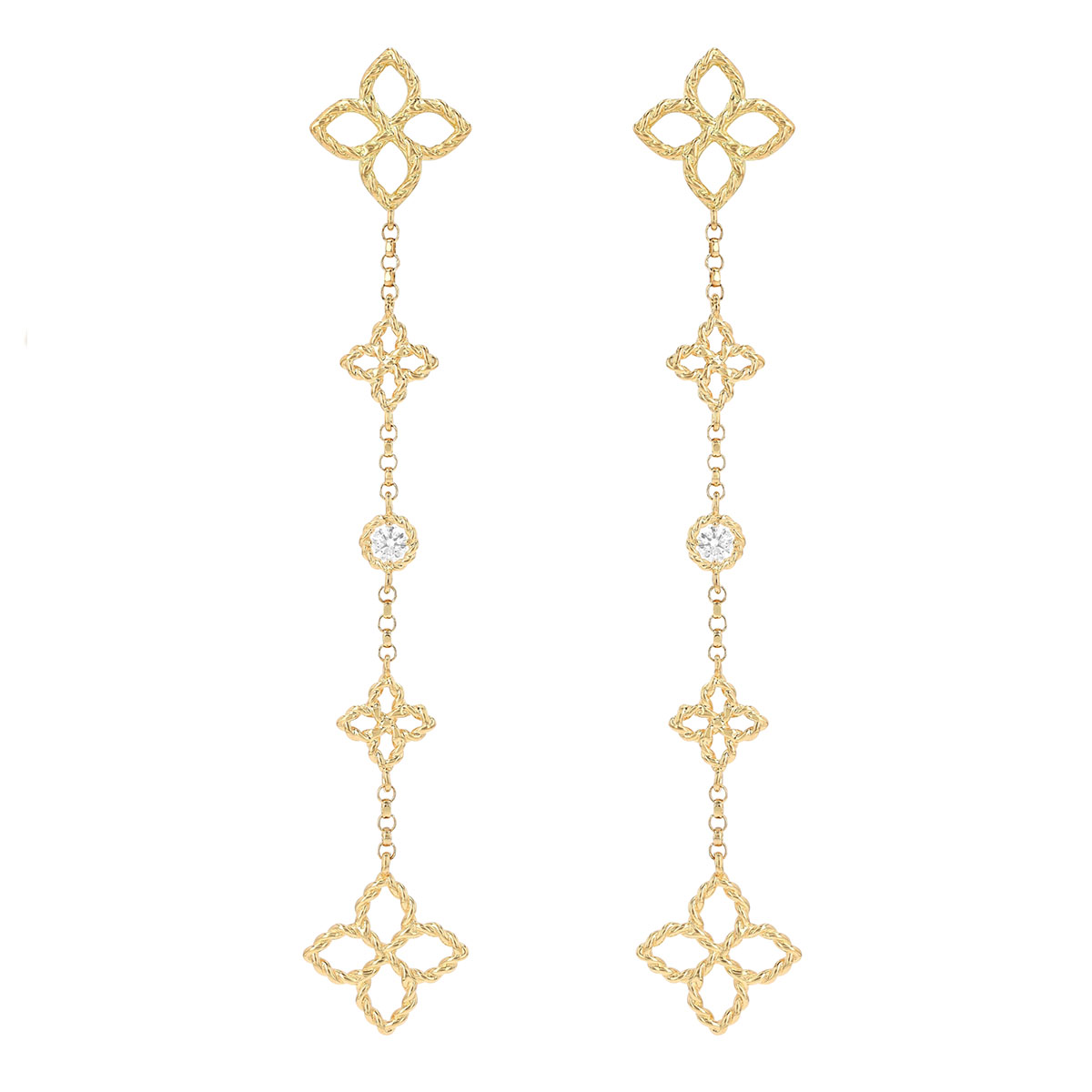 Roberto Coin Principessa Diamond Station Flower Dangle Earrings in Yellow Gold