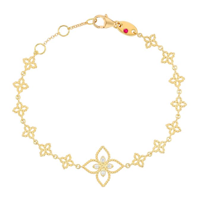 Roberto Coin Principessa Diamond Flower Bracelet in Yellow Gold, 6.5"
