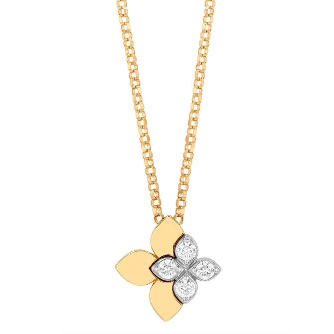Roberto Coin Venetian Princess Yellow Gold & Diamond Pavé Double Flower Pendant in Two Tone, 17"