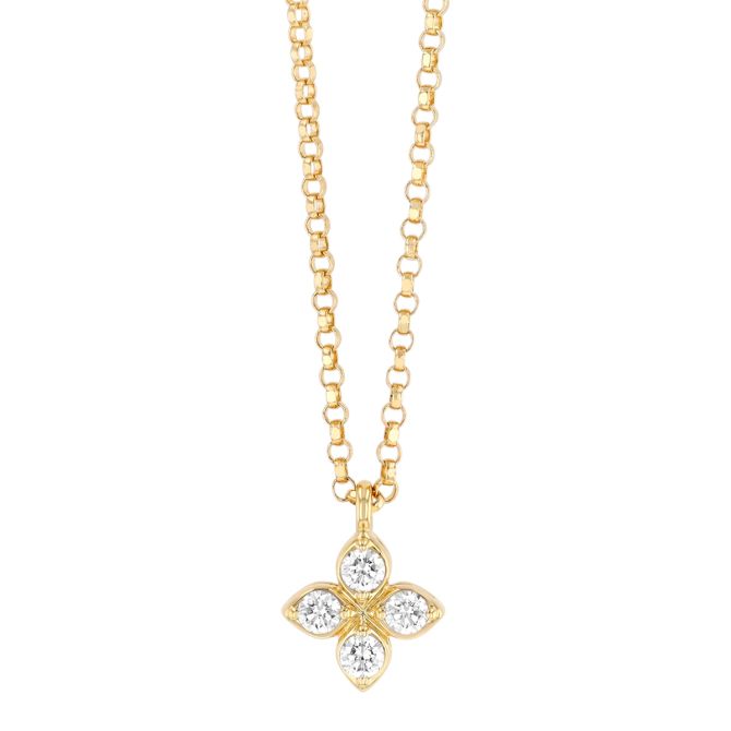 Roberto Coin Princess Flower Dainty Diamond Quartet Flower Pendant in Yellow Gold, 18"